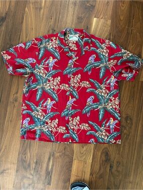 Tropical Parrot Print Short-Sleeve Button-Down Shirt - Red